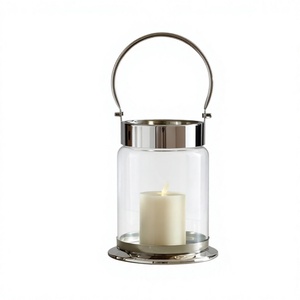 Silver Metal <b>Glass</b> Lantern <b>Hurricane</b> <b>Candle</b> <b>Holder</b> with Handle Modern Pillar <b>Candle</b> Stand Wedding Home Decor - Product Image 1