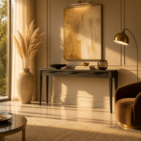 Table console élégante en bois de chêne naturel noir avec tiroirs, pieds coniques de luxe, quincaillerie métallique, taille personnalisée