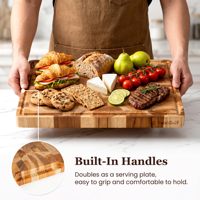 Ensemble de 3 planches de cuisine en bois de teck massif à grain traversant avec support, plateau de service professionnel réversible compatible couteaux avec poignées