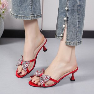 1138 New Products Hot Selling European and American Bow Diamond High Heels Cross Border Sexy Thin Heels Fashion Cool <b>Slippers</b> - Product Image 4
