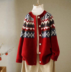 Vintage Jacquard Crewneck Sweater Women's Cardigan Spring and Autumn New Loose Ethnic Style Sweater Coat Women's <strong>Top</strong> - Product Image 6