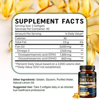 Huile de poisson Oméga-3 triple concentration OEM ODM 3600 mg EPA 1 300 mg DHA 860 mg par 3 gélules, 120 gélules, saveur citron, qualité supérieure