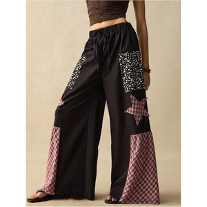 Pantalones Palazzo de Pierna Ancha para Mujer, Estilo Vintage, con Parches a Cuadros y Estrellas, Cintura Elástica, Corte Holgado, Transpirables - Product Image 5
