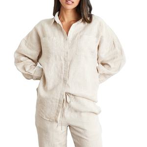 Nuovissimo Completo Due Pezzi da <span class=keywords><strong>Donna</strong></span> <span class=keywords><strong>Camicia</strong></span> e Pantaloni Tinta Unita in Cotone e <span class=keywords><strong>Lino</strong></span> Abbigliamento Femminile Taglie Forti - Product Image 1