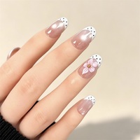 Faux ongles à presser en gel souple, carrés moyens, rose nude à pois, style French, peints à la main avec motif floral rose, réutilisables, 10 pièces