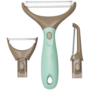 Pelador de verduras y frutas multifuncional de acero inoxidable, Set de 3 peladores triples de verduras en juliana azul - Product Image 1