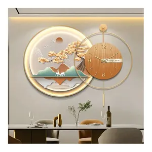 Jam dinding Modern lukisan dekoratif lampu LED Jam dinding melingkar kualitas tinggi mural dinding ruang tamu seniman gantung