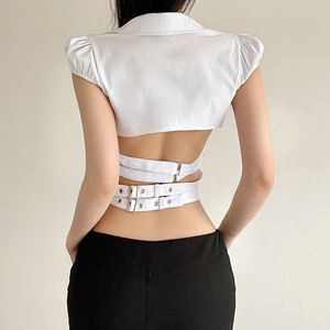 เสื้อสตรีทโชว์หลังแขนสั้นผู้หญิงเสื้อยืดรัดเอวสีพื้นสีพื้นเซ็กซี่ - Product Image 3