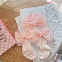Ensemble de chaussettes et bonnet en coton pour nouveau-né, chaussettes pour bébés filles, couleur unie, avec nœud en dentelle, chaussettes mi-hautes pour bébé