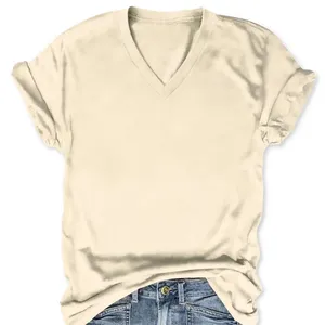 Женская Повседневная футболка с V-образным вырезом, 65% 35% из вискозы и полиэстера, с V-образным вырезом и коротким рукавом