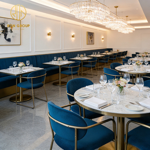 Divano in Velluto Blu di Lusso con Struttura in Metallo Rotonda, Tavolo in Marmo <span class=keywords><strong>e</strong></span> Set di <span class=keywords><strong>Sedie</strong></span> per Uso Commerciale in Ristoranti - Product Image 3