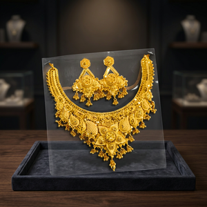 Parure de bijoux florale plaquée or de haute qualité pour femme, collier et boucles d'oreilles classiques pour mariage, avec chaîne en boîte, vente en gros - Product Image 3