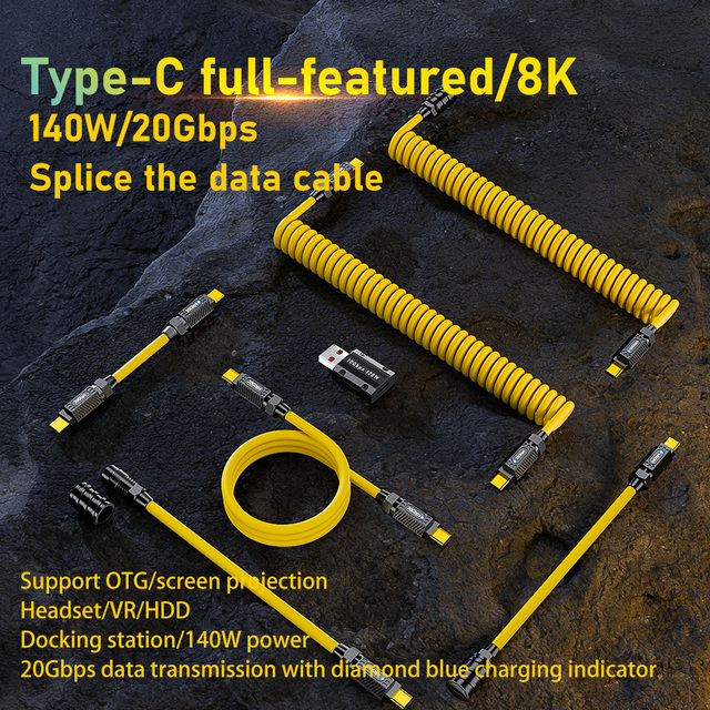 Coiled USB Cable Type C Detachable Mechanical Gaming Keyboard Cable PD140W 20Gbps 8K60hz for Win/Mac/Gamers