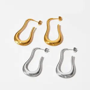 Minimalist Designer Jewelry Gold Plated Stainless Steel Long Metallic U-shaped Hoop Earrings Tarnish Free Drop Earrings Women