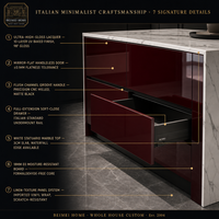 Cuisine complète sur mesure de style italien minimaliste, armoires laquées haute brillance sans poignées, îlot avec plateau en marbre, fabrication directe d'usine OEM