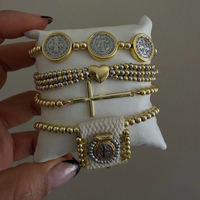 LS-B10138 Meilleure Vente Bracelet Religieux Vintage en Tissu Tressé et Perles, Breloques Pièce de Monnaie, Perle, Croix, Cœur, Cadeau de Fêtes
