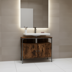 Bathroom Sink <b>Cabinet</b> Engineered Wood Smoked Oak Finish <b>Rustic</b> Style Floor Standing 47-49 In Width Ceramic Basin - Product Image 2