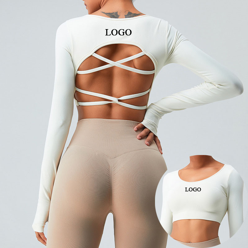 Custom Seamless 4-Way Stretch Long Sleeve Crew Neck Workout Active Tops Sweat-Wicking Backless Gym Yoga Crop Tops With Thumbhole