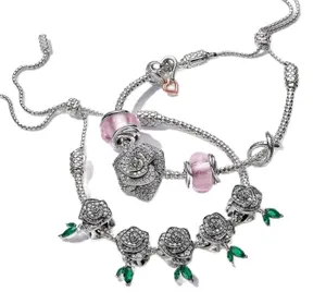 High Quality Women'S Luxury Jewelry 925 Silver Mother'S Day IPandorait Bracelet Roses Full Of Diamond Snake Bone Charm Bracelet