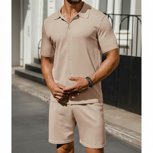 Conjuntos estampados de 2 piezas para hombre, conjuntos informales de manga corta con botones de punto, conjuntos de camisa y pantalones cortos, trajes de playa de verano - Product Image 1