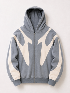 Custom High Quality Fleece <b>Full</b> <b>Zip</b> Hoodie Navy Cream Contrast Panel Patchwork Drop Shoulder Mens <b>Hoodies</b> Manufacturer - Product Image 3