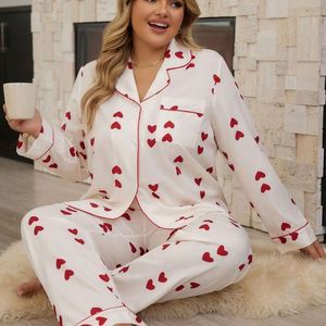 Ensemble de pyjama pour femmes en taille grande, cardigan en tissu gaufré à manches longues, pantalon, ensemble Sweet Home en forme de cœur, 2 pièces, pyjama grande taille pour femmes - Product Image 4