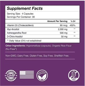 Capsules de Myo-Inositol et D-Chiro-Inositol, rapport 40:1, équilibre <span class=keywords><strong>hormonal</strong></span> et soutien ovarien avec Ashwagandha et Vitamine D - Product Image 5