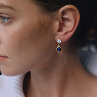 Nouvelle Arrivée Boucles d'Oreilles Pendantes en Acier Inoxydable Plaqué Or PVD 18K avec Lapis Lazuli Naturel et Cristal Clair Rond en Sertissage Bezel