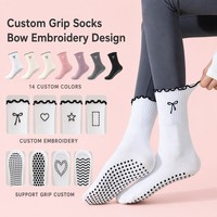 Service OEM – Chaussettes de yoga antidérapantes pour femme, mi-mollet, en mélange de coton, avec nœuds en dentelle, pour Pilates et fitness