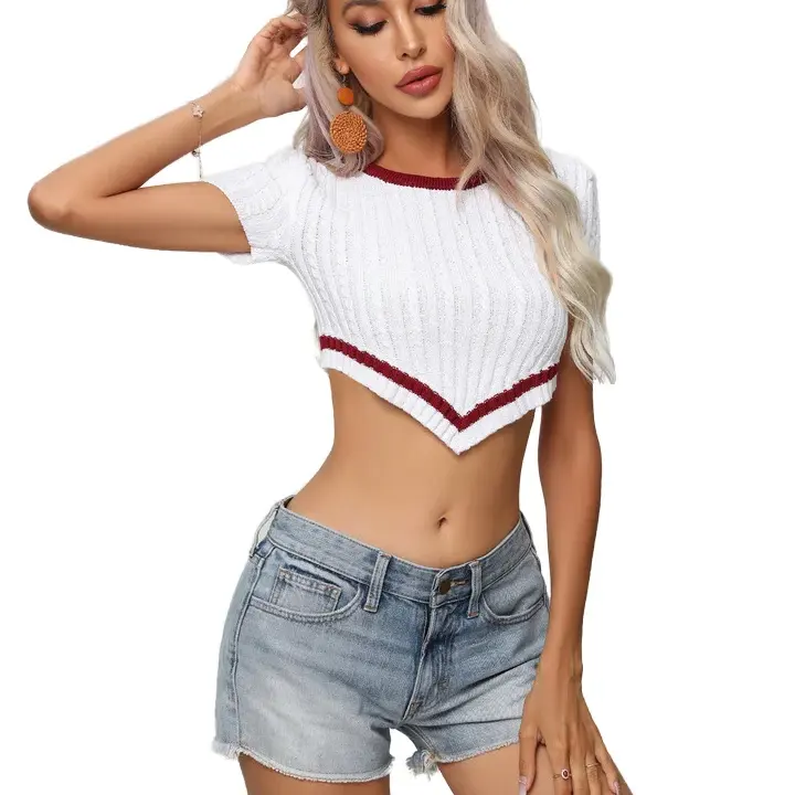 Summer new short sleeved round neck knitted sweater short style sweater women's slim fit color block top
