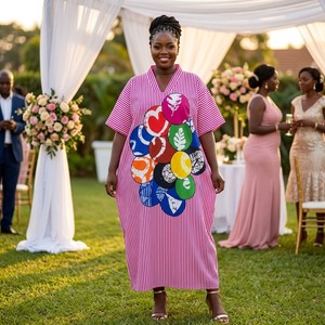 Robe <span class=keywords><strong>Africaine</strong></span> Grande Taille pour <span class=keywords><strong>Femme</strong></span>, Modèle Kafatan Boubou, Imprimé Rayé Abstrait, Tenue Traditionnelle Ethnique, Vente en Gros - Product Image 1