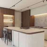 Cuisine modulaire moderne avec panneau de porte en mélamine automatique, îlot de rangement, armoire de salle à manger en bois massif