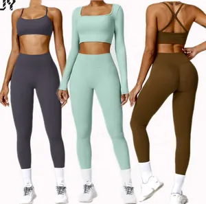 Joyyoung Wholesale Plus Size 4 Piece Sportswear Long Sleeve Crop Top Pant Yoga Workout Set Women Active Wear Gym Fitness Sets