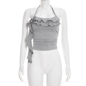 เสื้อกล้ามครอป Viviblook รุ่น C26TP052 สำหรับฤดูร้อน ดีไซน์ใหม่สำหรับผู้หญิง สีพื้น แต่งระบายขอบ ทรงเข้ารูป สั้นแบบผูกคอ - Product Image 2