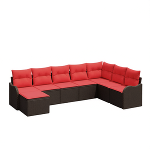 Brown Poly <b>Rattan</b> Garden <b>Sofa</b> Set With Red Cushions Outdoor Furniture Contemporary Design Waterproof UV Resistant - Product Image 1