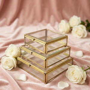 Modern Luxury Brass and Beveled Glass Jewelry and Cosmetics <b>Storage</b> Organizer Boxes in Different Sizes - Product Image 1