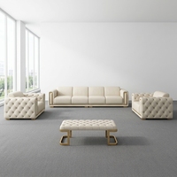 Ensemble de canapés en cuir capitonné blanc avec base en métal doré, canapé de luxe 3+1+1 pour un design d'intérieur moderne