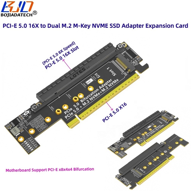 PCI-E 5.0 X16 Slot to 2 * NGFF M.2 M-Key Expansion Adapter Card for 2280 22110 M2 NVME SSD MB Supports PCIe X8x4x4 Bifurcation