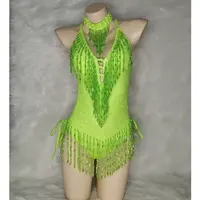 נוצץ ירוק ציצית בגד גוף סקסי נשים תלבושת חרוזים פאייטים קרנבל תלבושות שלב ביצועים מקשה אחת ריקוד ללבוש