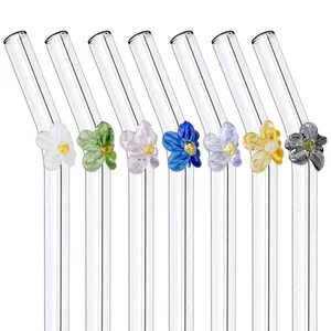 6 Pcs Cocktail Bar Accessories Butterfly Bow Reusable Bend Custom Cute Color Flower Daisy Glass Straws with 2 Cleaning Brushes