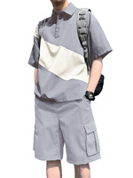 Ensemble décontracté d'été pour hommes, coupe ample, respirant, tricoté, color block, polo et short cargo 5 points – Vente en gros personnalisée