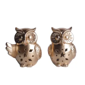 Hand painted Ceramic Owl Tealight Candle Holder - Kiln Glazed Ceramic Retro Style Candle Holder Decoration(Gold) Gifts & Crafts