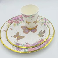 Vaso de papel desechable estampado en caliente serie mariposa 7 pulgadas 9 pulgadas plato de papel platos de papel suministros de fiesta de cumpleaños
