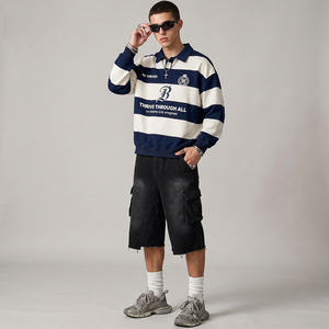 <span class=keywords><strong>Felpa</strong></span> <span class=keywords><strong>Polo</strong></span> Rugby a Righe <span class=keywords><strong>Blu</strong></span> Navy Personalizzata, Oversize, in Cotone Pesante, Ricamata, Stile Varsity, Streetwear, Manica Lunga - Product Image 4