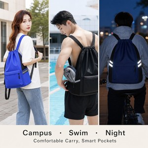 Sac à dos imperméable 210D avec cordon de serrage, sac de sport, de plage, de gym, poche avant zippée, logo personnalisé, taille moyenne, pour femmes et hommes, en polyester tendance - Product Image 4