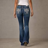Jean évasé taille haute pour femme avec double bouton, broderie poche arrière, coupe slim bootcut en denim