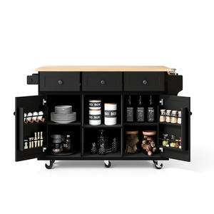Chariot de cuisine moderne DB en bois d'hévéa avec plateau rabattable, 3 tiroirs, 6 étagères et roulettes, meuble de rangement îlot - Product Image 1