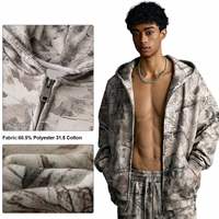 Hoodie Kamuflase 340gsm Tebal dengan Ritsleting, Saku Depan Polos, Model Longgar, Gaya Hip Hop, Kasual High Street untuk Pria