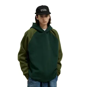Custom bordir berat streetwear hoodie polos warna blok katun tanpa tali bulu domba desainer dipotong kebesaran hoodie pria