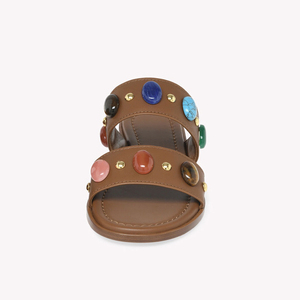 Sandali piatti marroni bohémien da donna, ciabatte <span class=keywords><strong>con</strong></span> <span class=keywords><strong>borchie</strong></span> di pietre preziose colorate, calzature in pelle alla moda per le vacanze - Product Image 4